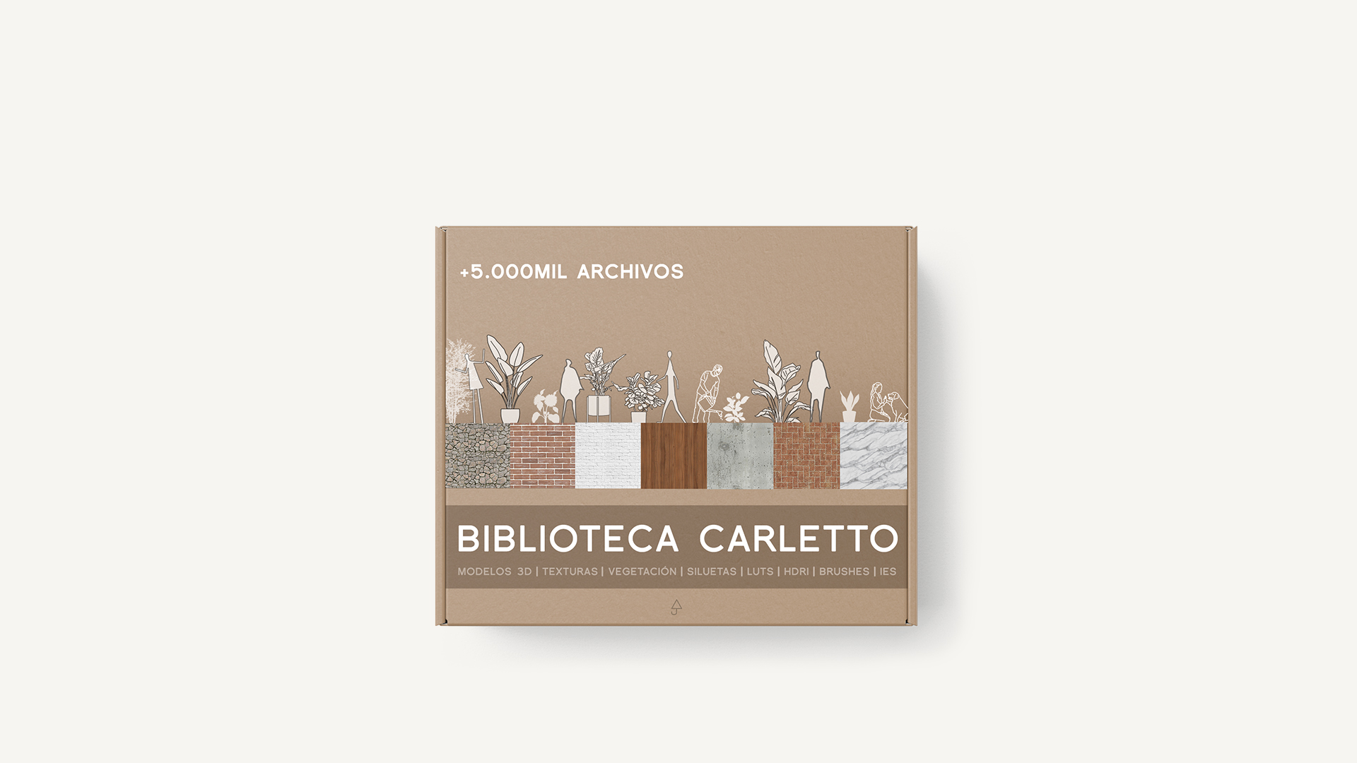 Caja Biblioteca Carletto con +5.000 archivos: modelos 3D, texturas, vegetación, siluetas, LUTs, HDRI, brushes e IES